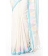 SOFT PURE HANDLOOM SAREE, OFF WHITE PLAIN BODY, CONTRAST BLUE BORDER WITH MULTI COLOUR TEMPLE THREADWORK & MATCHING BLOUSE PIECE