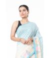 SOFT PURE HANDLOOM SAREE, OFF WHITE PLAIN BODY, CONTRAST BLUE BORDER WITH MULTI COLOUR TEMPLE THREADWORK & MATCHING BLOUSE PIECE