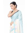 SOFT PURE HANDLOOM SAREE, OFF WHITE PLAIN BODY, CONTRAST BLUE BORDER WITH MULTI COLOUR TEMPLE THREADWORK & MATCHING BLOUSE PIECE