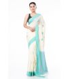 SOFT PURE HANDLOOM OFF WHITE BODY ALL OVER CONTRAST BUTI, CONTRAST GREEN PALLU & BORDER, MATCHING BLOUSE PIECE