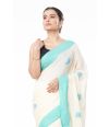 SOFT PURE HANDLOOM OFF WHITE BODY ALL OVER CONTRAST BUTI, CONTRAST GREEN PALLU & BORDER, MATCHING BLOUSE PIECE