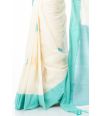 SOFT PURE HANDLOOM OFF WHITE BODY ALL OVER CONTRAST BUTI, CONTRAST GREEN PALLU & BORDER, MATCHING BLOUSE PIECE