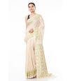 PURE COTTON HANDLOOM SAREE BEIGE PLAIN BODY, CONTRAST PALLU & BORDER WITH MATCHING BLOUSE PIECE