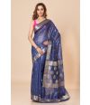 BLUE AMRAPALI SOFT LINEN BANARASI SAREE WITH MATCHING BLOUSE PIECE