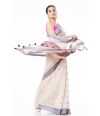 OFF WHITE LINEN WITH ALL OVER THREAD BUTA ON BODY, BORDER & PALLU, CONTRAST THREAD WORK BLOUSE PIECE