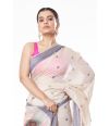 OFF WHITE LINEN WITH ALL OVER THREAD BUTA ON BODY, BORDER & PALLU, CONTRAST THREAD WORK BLOUSE PIECE