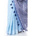 BLUE LINEN WITH ALL OVER THREAD BUTA ON BODY, BORDER & PALLU, CONTRAST THREAD WORK BLOUSE PIECE