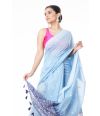 BLUE LINEN WITH ALL OVER THREAD BUTA ON BODY, BORDER & PALLU, CONTRAST THREAD WORK BLOUSE PIECE