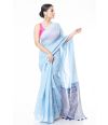 BLUE LINEN WITH ALL OVER THREAD BUTA ON BODY, BORDER & PALLU, CONTRAST THREAD WORK BLOUSE PIECE