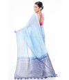 BLUE LINEN WITH ALL OVER THREAD BUTA ON BODY, BORDER & PALLU, CONTRAST THREAD WORK BLOUSE PIECE