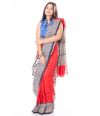 CHIC RED PRINTED SILK WITH CONTRAST BORDER & PALLU, MATCHING BLOUSE PIECE