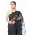 PARTY READY BLACK ORGANZA WITH SCALLOP PATTERN AND SELF THREADWORK ON BLOUSE PIECE