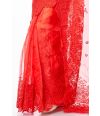 PARTY READY RED ORGANZA WITH SCALLOP PATTERN AND SELF THREADWORK ON BLOUSE PIECE