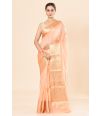 soft, luxurious peach saree with delicate golden zari detailing and MATCHING BLOUSE PIECE