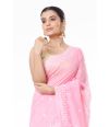 PINK LINEN SAREE WITH ALL OVER THREAD BUTA ON BODY, BORDER & CONTRAST PALLU, CONTRAST BLOUSE PIECE