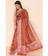 ELEGANT BROWN TUSSAR PRINT WITH THREAD WORK, & CONTRAST BLOUSE PIECE