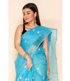 Sky BLUE Bengal Muslin Saree with Thread Work