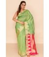 LIME GREEN SOUTH SILK WITH TEMPLE BORDER AND CONTRAST PALLU, CONTRAST BLOUSE PIECE