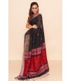 BLACK SOFT HANDLOOM, WITH THREAD WORK, MATCHING BLOUSE PIECE