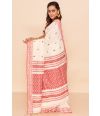 OFF WHITE AND RED SOFT HANDLOOM WITH THREAD WORK, MATCHING BLOUSE PIECE