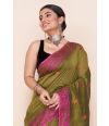 OLIVE GREEN SOFT HANDLOOM, ASSAMESE THREAD WORK, CONTRAST PALLU & BORDER, MATCHING BLOUSE PIECE