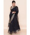 BLACK SOFT HANDLOOM, ASSAMESE THREAD WORK, CONTRAST PALLU & BORDER, MATCHING BLOUSE PIECE