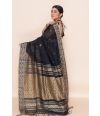 BLACK SOFT HANDLOOM, ASSAMESE THREAD WORK, CONTRAST PALLU & BORDER, MATCHING BLOUSE PIECE