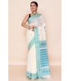 OFF WHITE SOFT HANDLOOM, CONTRAST BLUE THREAD WORK, CONTRAST PALLU, MATCHING BLOUSE PIECE