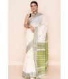 OFF WHITE SOFT HANDLOOM, CONTRAST GREEN THREAD WORK, CONTRAST PALLU, MATCHING BLOUSE PIECE