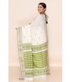 OFF WHITE SOFT HANDLOOM, CONTRAST GREEN THREAD WORK, CONTRAST PALLU, MATCHING BLOUSE PIECE