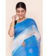 OFF WHITE BLUE COMBINATION LINEN WITH GOLD THREAD WORK, CONTRAST PALLU & BORDER, CONTRAST BLOUSE PIECE