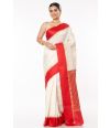 QUINTESSENTIAL OFF WHITE BODY, RED BORDER GARAD, ALL OVER ZARI BUTA WITH GORGEOUS RED COTTON SILK ROUND NECK, BACKLESS BLOUSE (PADDED)