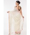 OFF WHITE COTTON HANDLOOM, PLAIN BODY, COPPER BORDER WITH RAVISHING BLACK RAW SILK PARTY WEAR BLOUSE (PADDED)