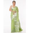 PASTEL GREEN SOFT ORGANZA, ALL OVER SILVER ZARI WORK PALLU WITH SHIMMERY SILVER PARTY WEAR COTTON SILK BLOUSE (PADDED)