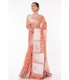 BURNT PEACH COLOURED SOFT ORGANZA, ALL OVER SILVER ZARI WORK PALLU WITH SHIMMERY SILVER PARTY WEAR COTTON SILK BLOUSE (PADDED)