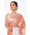 BURNT PEACH COLOURED SOFT ORGANZA, ALL OVER SILVER ZARI WORK PALLU WITH SHIMMERY SILVER PARTY WEAR COTTON SILK BLOUSE (PADDED)