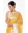 YELLOW SOFT ORGANZA, ALL OVER SILVER ZARI WORK PALLU WITH SHIMMERY SILVER PARTY WEAR COTTON SILK BLOUSE (PADDED)