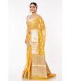 YELLOW SOFT ORGANZA, ALL OVER SILVER ZARI WORK PALLU WITH SHIMMERY SILVER PARTY WEAR COTTON SILK BLOUSE (PADDED)