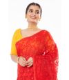 RED SOFT SELF DESIGN DHAKAI JAMDANI, ALL OVER SMALL ZARI BUTA WITH YELLOW SCALLOP PATTERN LINEN KHADI BLOUSE