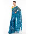 PEACOCK BLUE SOFT ALL OVER THREAD WORK DHAKAI JAMDANI WITH YELLOW SCALLOP LINEN KHADI BLOUSE