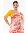 OFF WHITE BODY RED & GOLDEN ALL OVER THREAD WORK SOFT DHAKAI JAMDANI WITH YELLOW SCALLOP PATTERN LINEN KHADI BLOUSE