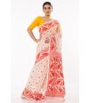 OFF WHITE BODY RED & GOLDEN ALL OVER THREAD WORK SOFT DHAKAI JAMDANI WITH YELLOW SCALLOP PATTERN LINEN KHADI BLOUSE