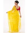 YELLOW COLOUR SOFT JAMDANI DHAKAI, ALL OVER SELF DESIGN TEAMED WITH RED LINEN KHADI BLOUSE SCALLOP DESIGN ON THE BACK