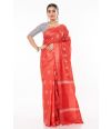 RED BODY GHICHHA SILK, SELF THREAD DESIGN ON PALLU PAIRED WITH V NECK SOFT COTTON INDIGO PRINT