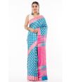 FEROZA BLUE TUSSAR GHICHHA ALL OVER PRINT, CONTRAST STRIPED PALLU, CONTRAST BORDER, WITH CONTRAST STRIPED BLOUSE PIECE