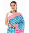 FEROZA BLUE TUSSAR GHICHHA ALL OVER PRINT, CONTRAST STRIPED PALLU, CONTRAST BORDER, WITH CONTRAST STRIPED BLOUSE PIECE