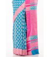 FEROZA BLUE TUSSAR GHICHHA ALL OVER PRINT, CONTRAST STRIPED PALLU, CONTRAST BORDER, WITH CONTRAST STRIPED BLOUSE PIECE