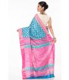 FEROZA BLUE TUSSAR GHICHHA ALL OVER PRINT, CONTRAST STRIPED PALLU, PAIRED WITH V NECK COTTON HAKOBA, BACK COVERED 