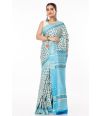 TUSSAR GHICHHA ALL OVER BODY PRINT, BLUE CONTRAST STRIPED PALLU WITH CONTRAST STRIPED BLOUSE PIECE