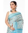 TUSSAR GHICHHA ALL OVER BODY PRINT, BLUE CONTRAST STRIPED PALLU WITH CONTRAST STRIPED BLOUSE PIECE